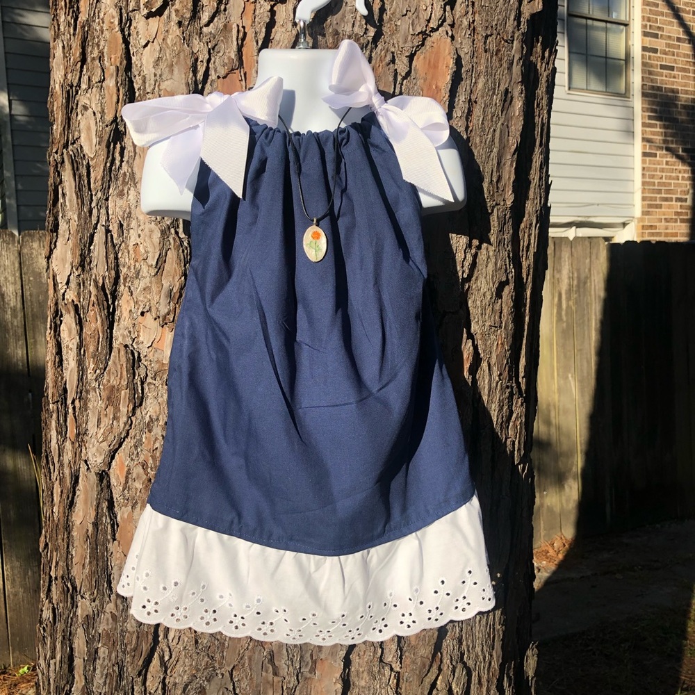 Navy handmade dress with white bows